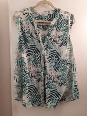 mandee White Tropical Leaf Print Sleeveless Tunic Size L